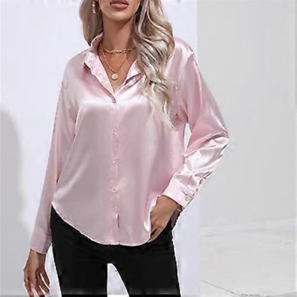 Vår Høst Sateng Bluse Imitert Silke Langermet Skjorte for Dame Plus Size Løse Topper (S rosa)