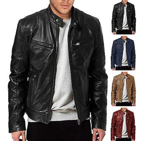 Herrarnas Motorcykeljacka i Konstläder Vindtät Ståuppkrage Enfärgad Dragkedja Fickor Släta Plus Storlek Medellång Herrarnas Höst Vårjacka (4XL Khaki)