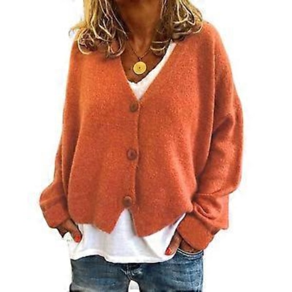 Dame Genserjakke V-hals Langermet Enkelkneppet Strikkegenser Ensfarget Løs Passform Genser Cardigan (2XL oransje)