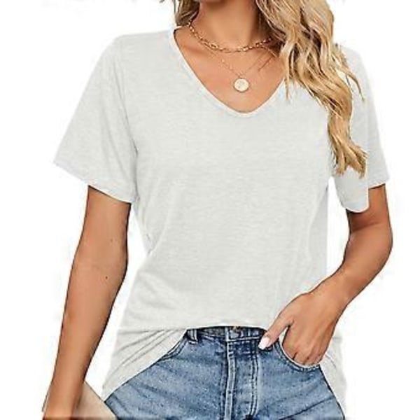 Dame Skjorter V-hals Kort/Lang Erme Bomulls Topper T-skjorte Basic Tees Maskinvask (hvit)