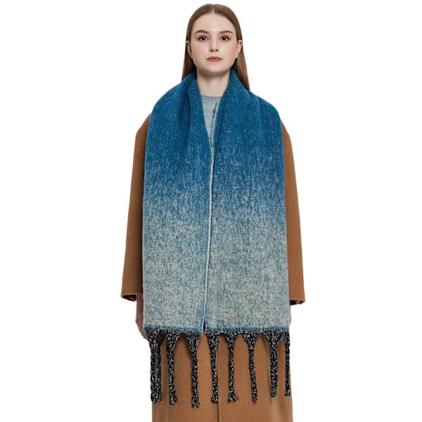 Gradient Färg Scarf, Dam Vinter Tjock Varm Tassel Scarf, Blå