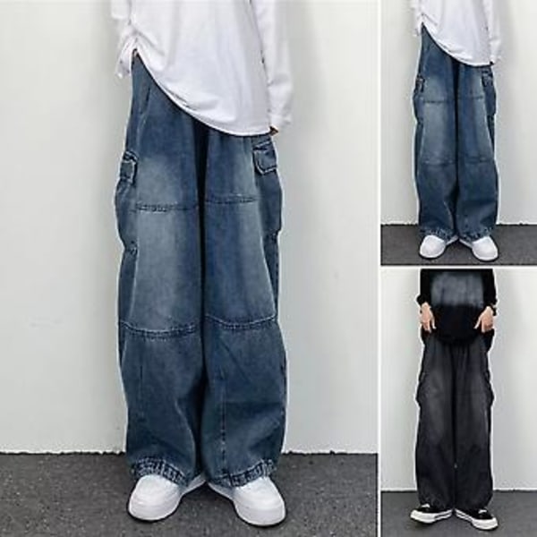 Män Baggy Cargo Jeans Flera Fickor Enfärgad Blixtlås Flyg Lösa Raka Vida Ben Byxor Höst Denim Byxor Streetwear (2XL Blå)
