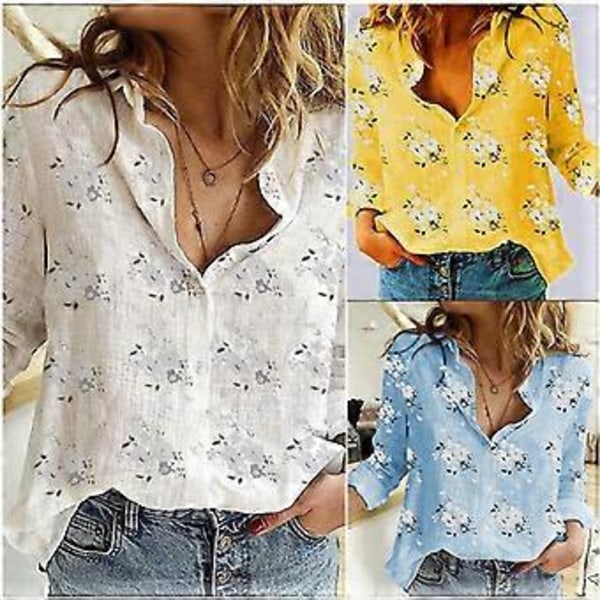 Forår Efterår Blomsterprint Skjorte Casual Løs Langærmet Bomuld Linned Skjorter Plus Size Dame Toppe (XXL gul)