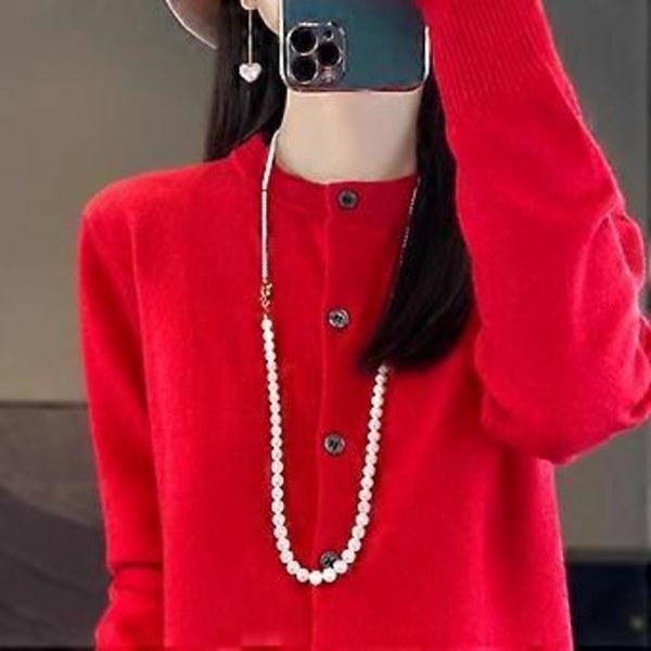 Forår og efterår dame cardigan ensfarvet rund hals enkeltknappet strikket bund dame sweater jakke (L rød)