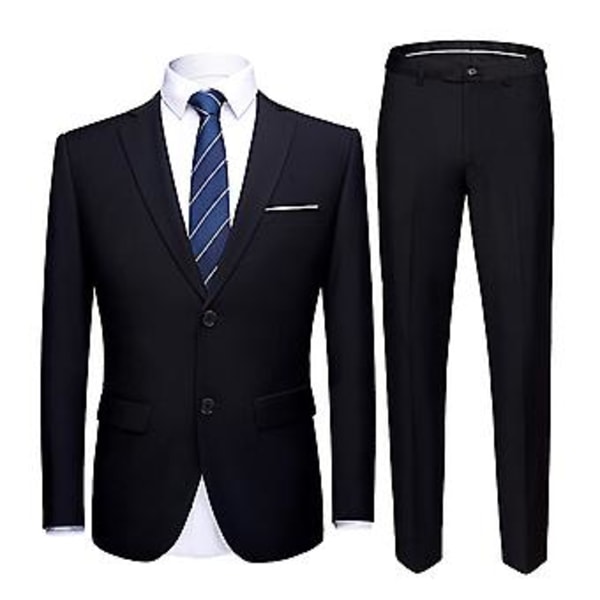 1 Sæt Blazer Bukser Ensfarvet Nedklappelig Krave Langærmet Slim Fit To Knapper Formelle Dragt Banket Prom(L Sort)