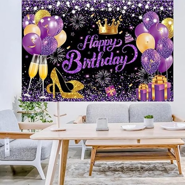 180 x 120 cm Glitter Lila Guld Grattis på födelsedagen Fotobakgrunder