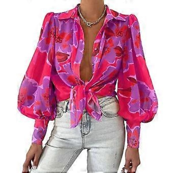 Dam Lapel Puff Långärmad Skjorta Toppar Blomstertryck Enkelknäppt Lös Passform Tunn Blus Arbetskläder (XL rosröd)