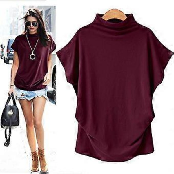 S-5XL Dam Turtleneck T-shirt Sommar Kortärmad Enfärgad Casual Toppar (M vinröd)