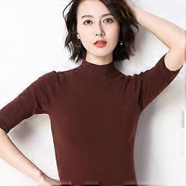 Cashmere turtleneck kortærmet strikket pullover T-shirt base T uld cashmere sweater til damer (M kaffe)