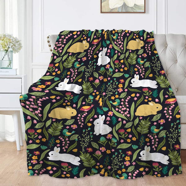 Cartoon Kanin och Blommor Filt Söta Kanin Djur Lätt Överkast Filt för Kvinnor Män Mjuk Mysig Fleece Säng Soffa