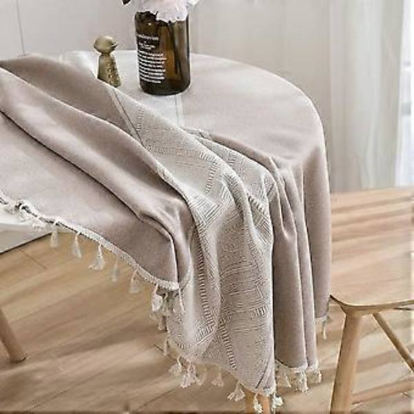 Runt bordduk med ränder i lantlig stil, rund, med fransar, geometrisk jacquard, dammskyddande, för kök, matsal, bordsprydnader (kaffe, diameter