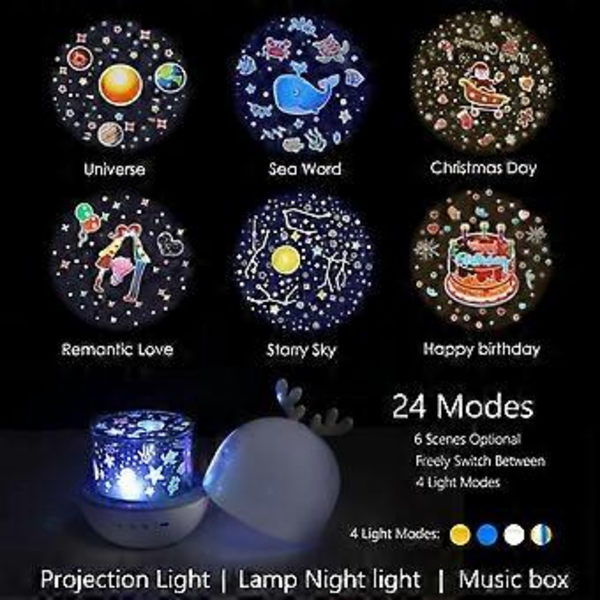 Barne nattlys stjerneprojektorlampe 360° roterende musikk nattlys + timer + fjernkontroll + 6 farger LED stjerneklar himmel baby nattlys