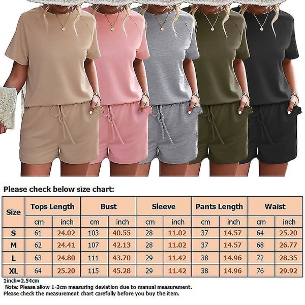Ladies Loose Top And Shorts Home Clothes Women Summer Casual Crew Neck Khaki Khaki S