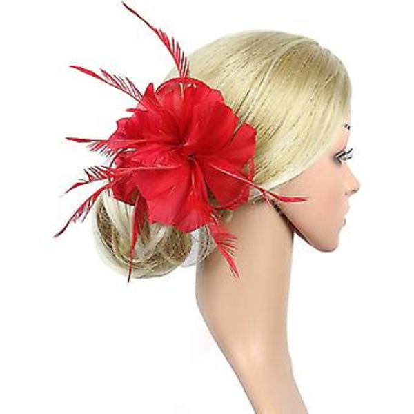 Fascinatorer för Kvinnor Bröllopsfascinator Hatt Blomma Nät Fjäder Hårband  QB-Röd