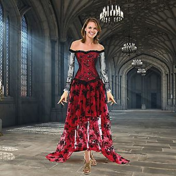 Steampunk Korsettklänning Renässans Korsettklänning Dam Gothic Rolig Klänning (XL Röd)