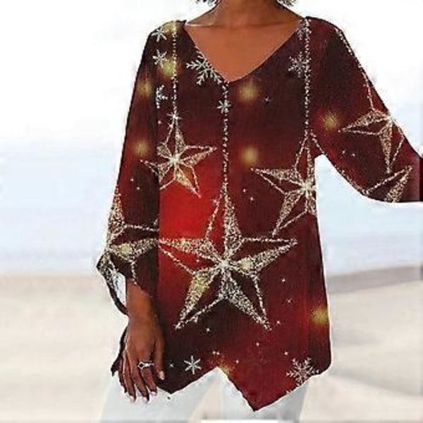Dam Vår Höst Topp V-ringning Oregelbunden Fåll Mellanlång Långärmad Lös Casual Pullover Blommönster Färgmatchning Plus Size Dam T-shirt (4XL guld)