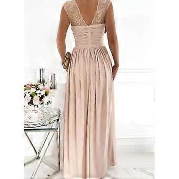 Dam Enfärgad A-linje Slim V-ringad Klänning Ärmlös Spetslapp Backless Split Maxi Lång Klänning (L rosa)