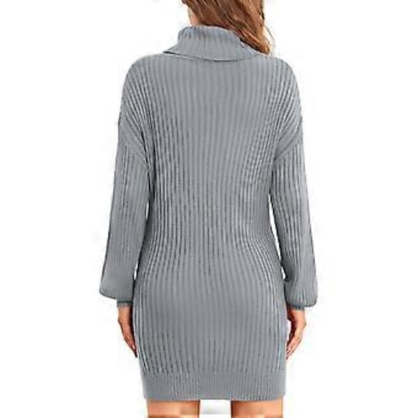 Kvinnors Turtleneck Stickad Klänning Höst Vinter Casual Lös Lång Puffärm Ribbstickad Pullover Klänning (S Ljusgrå)