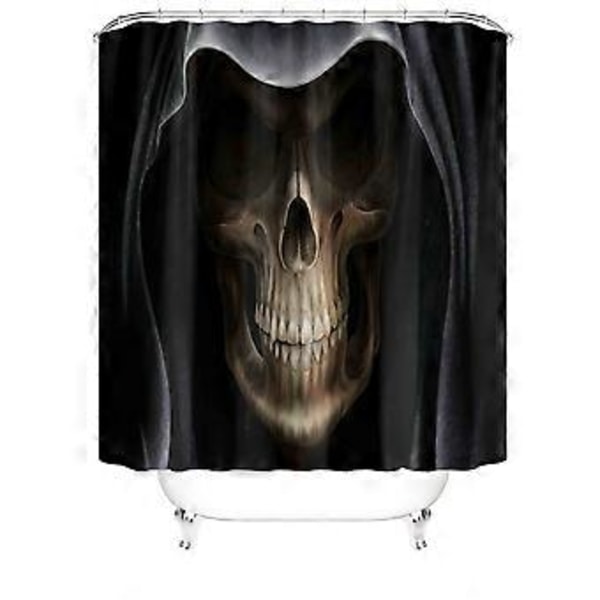 Sort Kranie Halloween Bruseforhængssæt, Generisk Halloween Badeværelsesdekorsæt 180 cm x 180 cm - Bruseforhæng med Måtte, Toiletlåg, Bademåtte