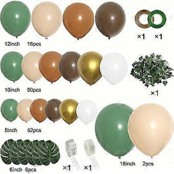 142-dels Ballongirlang Kit i Salviagrön och Brun, Djungel Safari Vildskog Ballongbåge, Olivgrön Guld Kaffe Kakao Ballonger för Födelsedag Bröllop