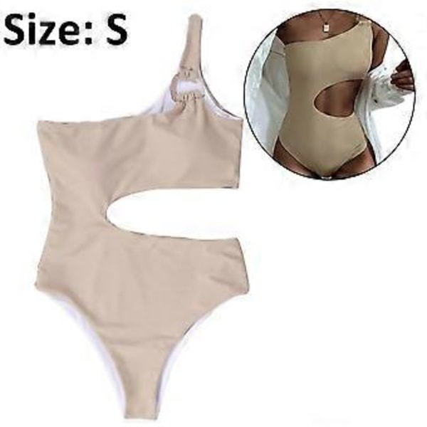 Dame One Shoulder Stribet Højbenet Badedragt i Ét Stykke Thong Badedragter (S Beige)
