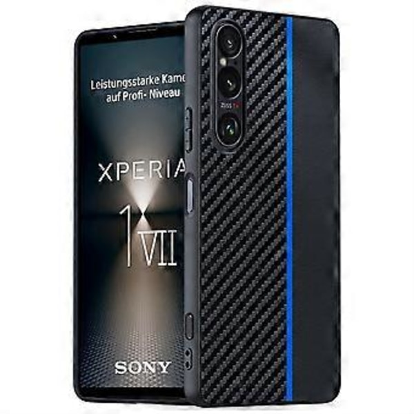 Til Sony Xperia 1 VII Etui Læder + PC Hårdt Telefon Cover Kulfiber Tekstur (Sort/Blå)