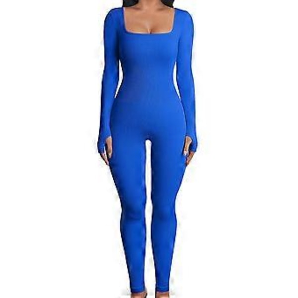 Ribbstickad Bodycon Jumpsuit Flerfärgad Enfärgad Polyester Långärmad För Träning Sport Yoga Fyrkantig Halsringning (S Blå)