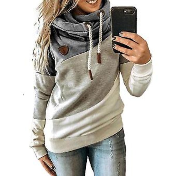 Färgad damhoodie med polokrage, långärmad sporttröja med huva (L Grå)