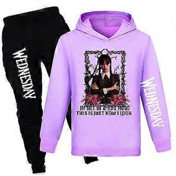 Wednesday Addams Tracksuit Set 7-14 År Barn Långärmad Casual Huvtröja Huvad Sweatshirt Topp Byxor Outfits Aktivkläder (11-12 År Lila)