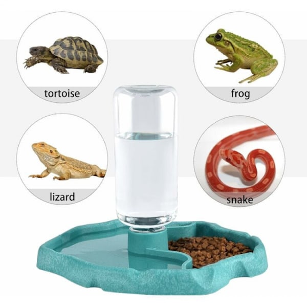 Blå Reptil Vanddispenser, 2 i 1 Anti-Overflow Foderdispenser