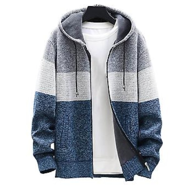 Mænds Hættetrøje med Farveblokke Strikket Efterår Vinter Tyk Plysforet Varmt Cardigan Trøje til Kontor (2XL Blå)