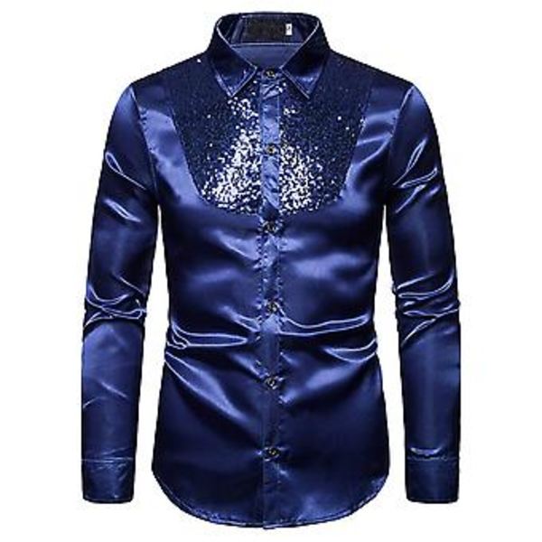 Mænd Sequin Slim Fit Knapløs Skjorte Fest Langærmet Kjole Skjorte Casual Tops (M Blå)