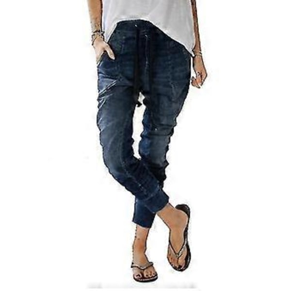 Naisten Muoti Housut Kiristysnyörilliset Farkut Taskuilla Rento Denim Harem Housut (3XL Laivastonsininen)