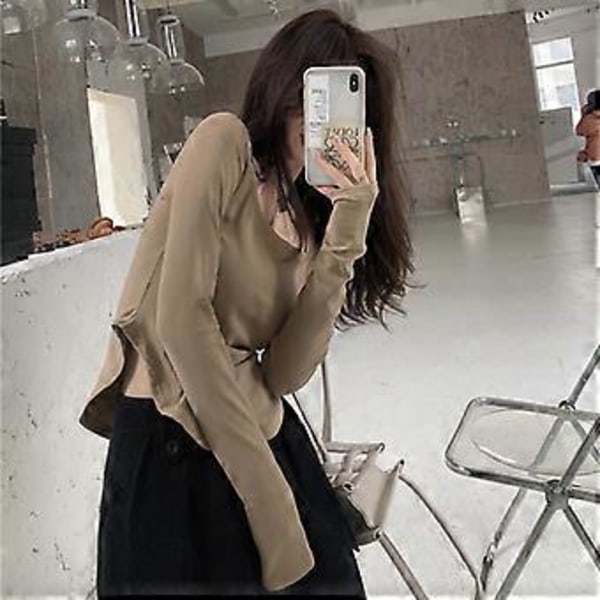 Casual Bluse Langermet Rund Hals Løs Passform Bluse for Kvinner Dame Høst Lys Brun L