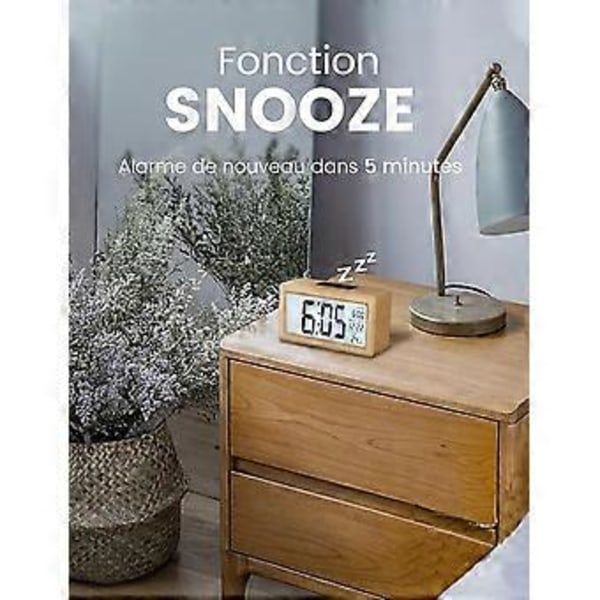 Digital väckarklocka i trä, LCD-väckarklocka tyst digital klocka med datum, temperaturvisning, snooze-funktion, batteridriven digital klocka
