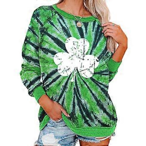 St. Patrick's Day Trykte Topper for Kvinner Irsk Dag Shamrock Clover Casual Langærmet Genser Dame Rundhals Vår T-skjorte (M)