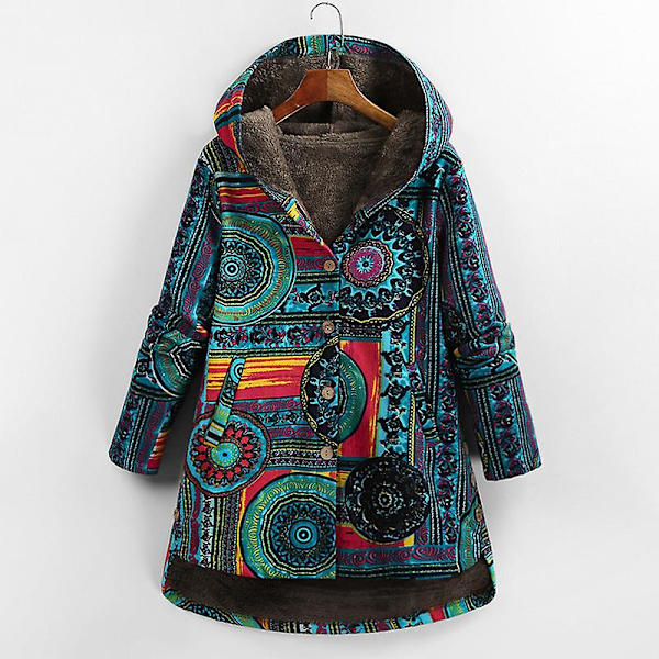 Dame Vinter Plus Størrelse Frakke Fluffy Faux Print Hætte Hals Langærmet Bomuld Yderbeklædning Overfrakke（XL blå）