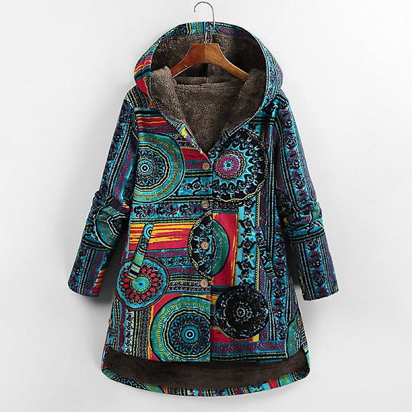 Kvinners vinter Plus Size Frakk Fluffy Faux Print Hette Hals Lang Ermet Bomull Yttertøy Frakk（XL blå）