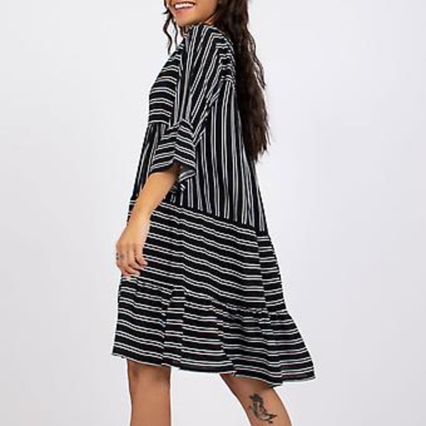 V-hals Lang Kjole til Kvinder 3/4 Ærme Åndbar Mode Løstsiddende Kant Print Kjole til Daglig Casual Fest (XL Sort)