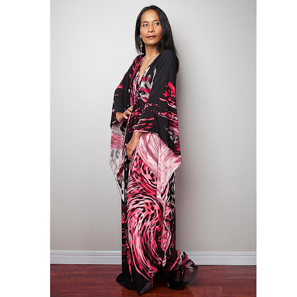 Kvinnors tryckta maxiklänning fladdermusärm strandklänning plus size sommarklänning strandkläder kaftan cover-ups Dn0529