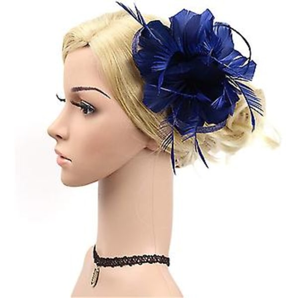 Fascinatorer för Kvinnor Bröllop Fascinator Hatt Blomma Nät Fjäder Hårband QB-Navy