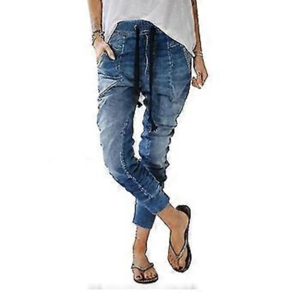 Naisten Muoti Housut Kiristysnyörilliset Farkut Taskuilla Rento Denim Harem Housut (XL Vaaleansininen)