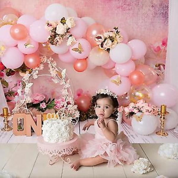Fjärils guldrosa första födelsedag fotograferingsbakgrund Prinsesstema Blommor Rosa vagn Flickor 1 årsdag