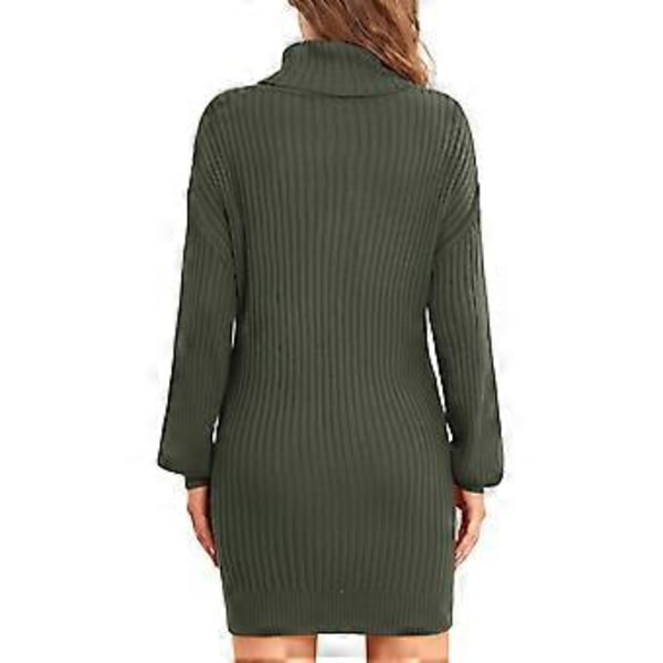 Kvinnors Turtleneck Stickad Klänning Höst Vinter Casual Lös Lång Puffärm Ribbstickad Pullover Klänning (XS OD Grön)