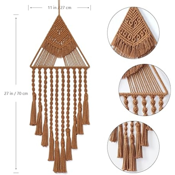 (Brun) Macrame vävd väggdekoration drömfångare triangel tofs