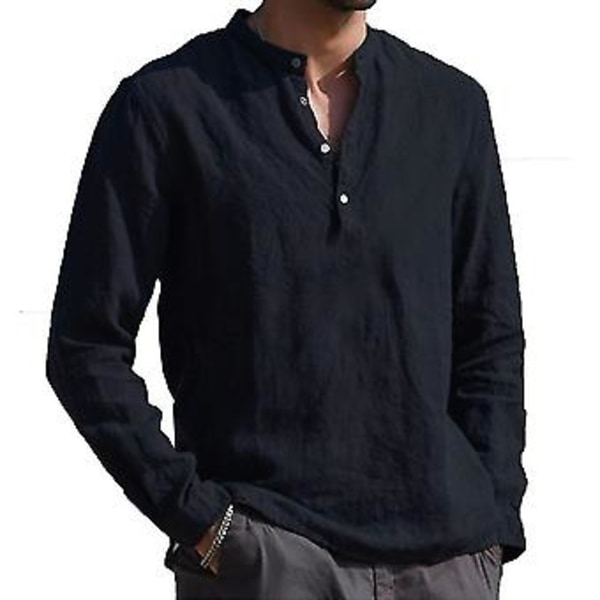 Herre Krageløs Langermet T-skjorte Bestefarskjorte Knapp Pullover Topper Høy Kvalitet (2XL Svart)