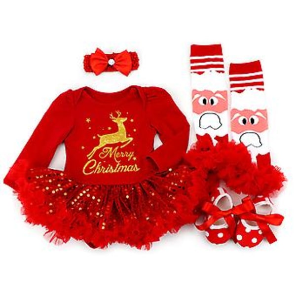 Spädbarnsflickor Min Första Jul Tutu Klänning 4-delad Outfit Set Julgåvor (0-3 Månader E)