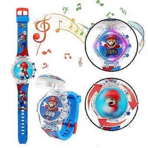 Børne Tegneserie Ur Blinkende Lys Musikalsk Snurretop Flip Cover Armbåndsur (Mario)