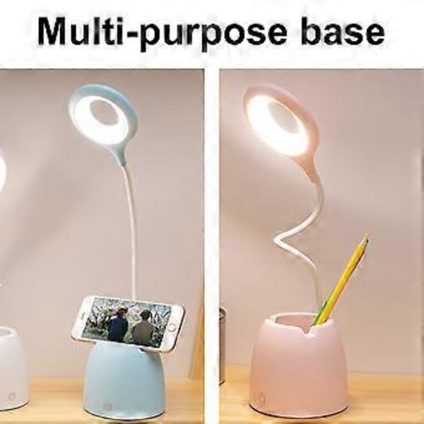 Søt Skrivebordslampe for Jenters Soverom, Oppladbart Batteri Multifunksjonell Skrivebordslampe med Fleksibel Svanehals, Øyevennlig Design og Trinnløs Dimming