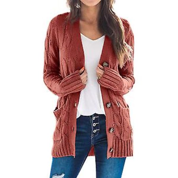 Kvinnors Långärmad Kabelstrickad Cardigan med Fickor, Casual Kavaj, Enfärgad (XL Tegelröd)